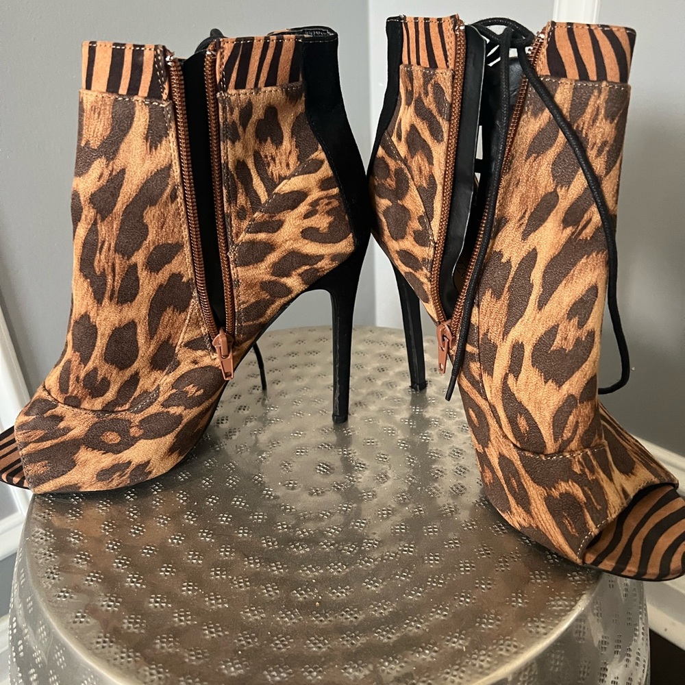 Leopard Print Peep Toe Ankle Boots